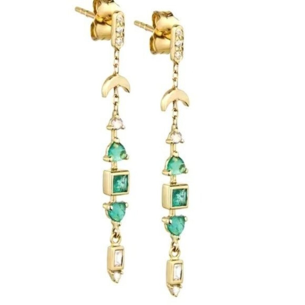 Emerald Green Drop Earrings Gold Crescent Moon Dangle Earrings Celestial Jewelry